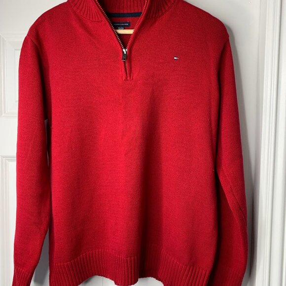 Tommy Hilfiger Men’s Red 100% Cotton Quarter-Zip Sweater – Classic Casual Style - Picture 1 of 15